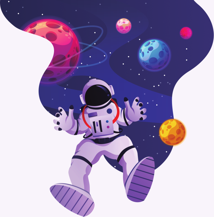 Astronauta orbitando perto de alguns planetas
